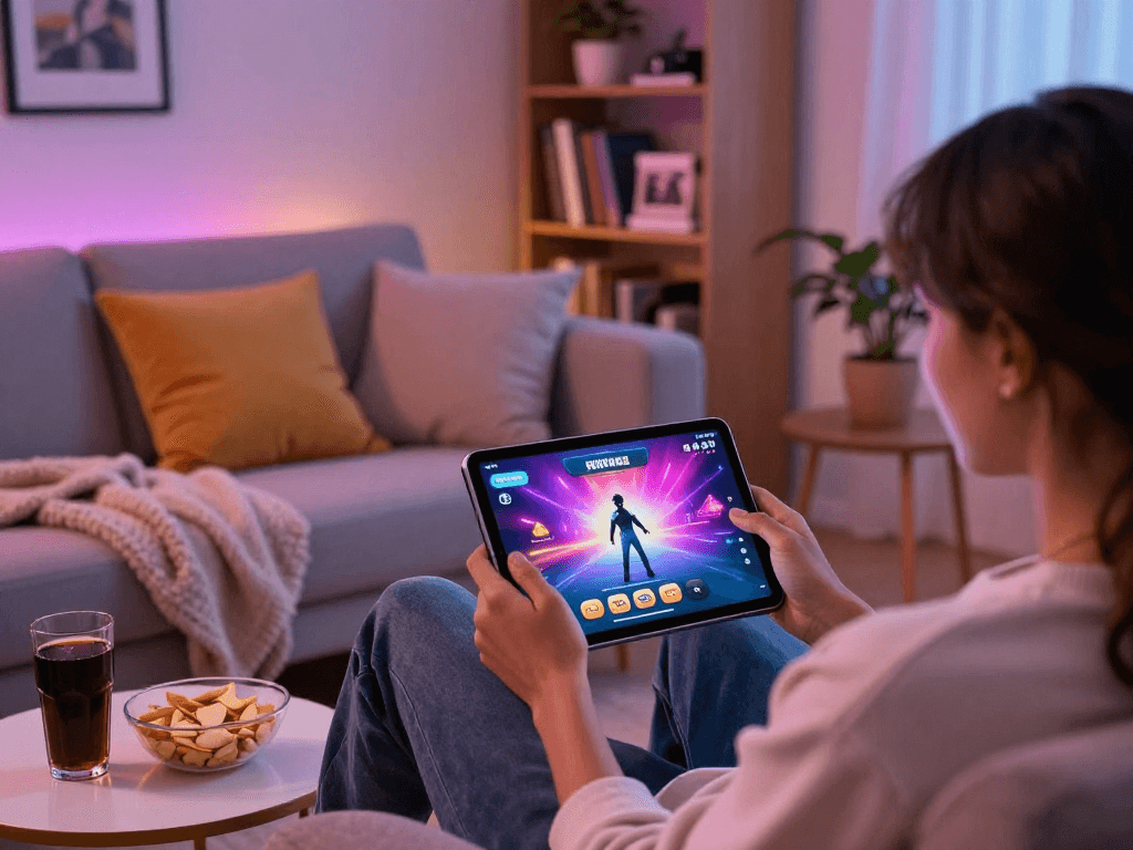Enjoying free porn games on a tablet in a cozy living room setting with engaging visuals and snacks.