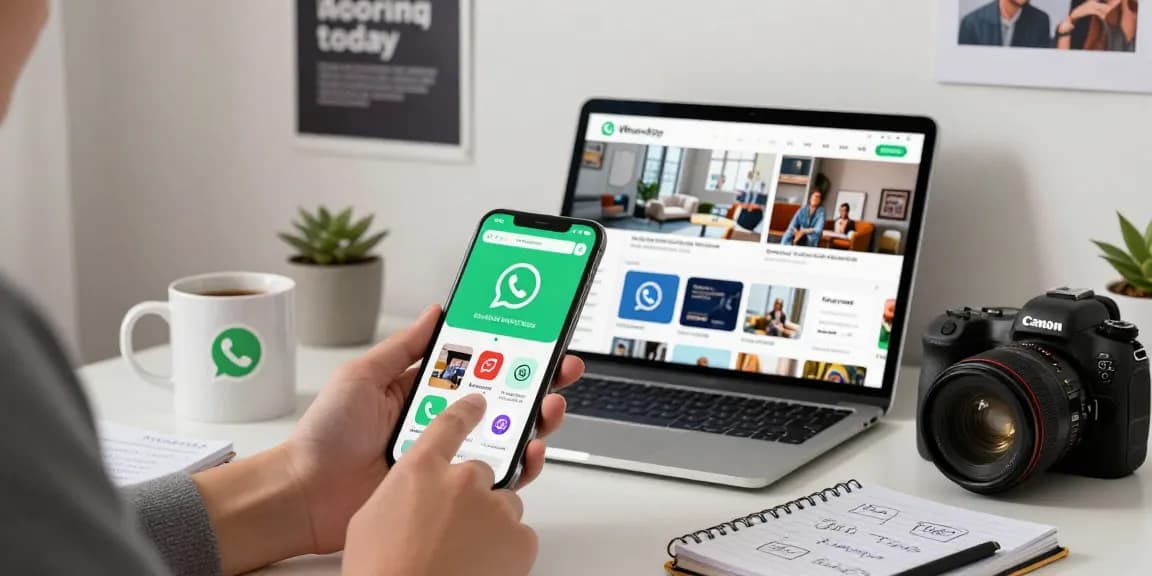 WhatsApp下載 process on smartphone with urban workspace and motivational decor.