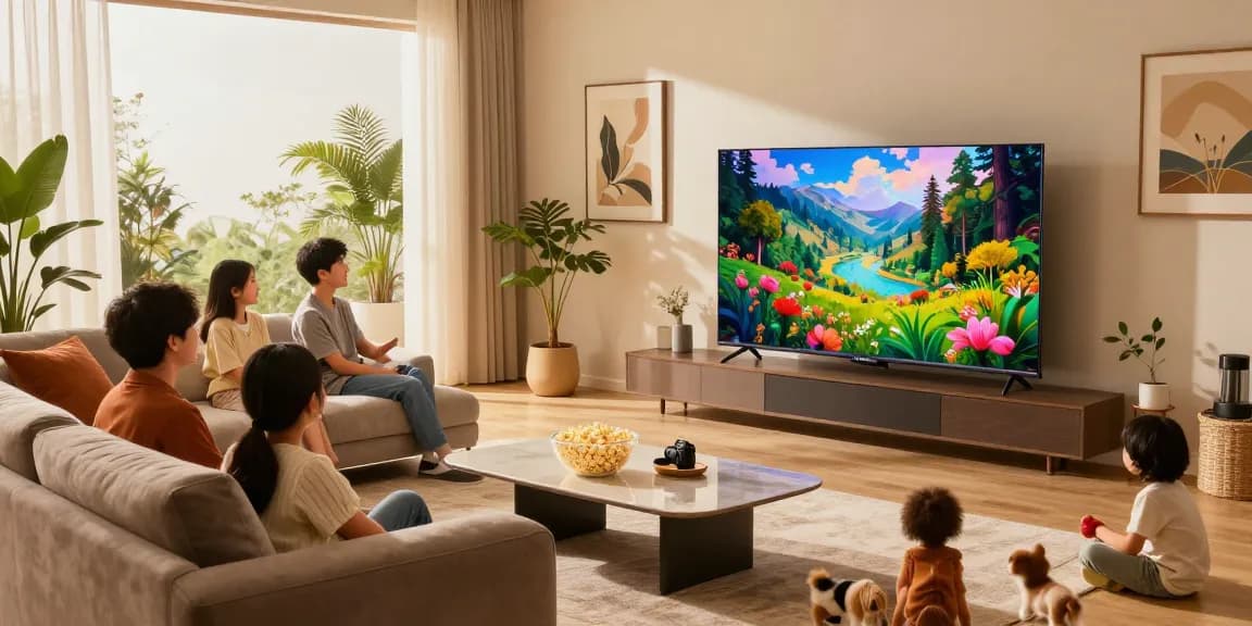 Family enjoying the vibrant OLED TV 2026 in a cozy living room setting, showcasing modern decor and technology.