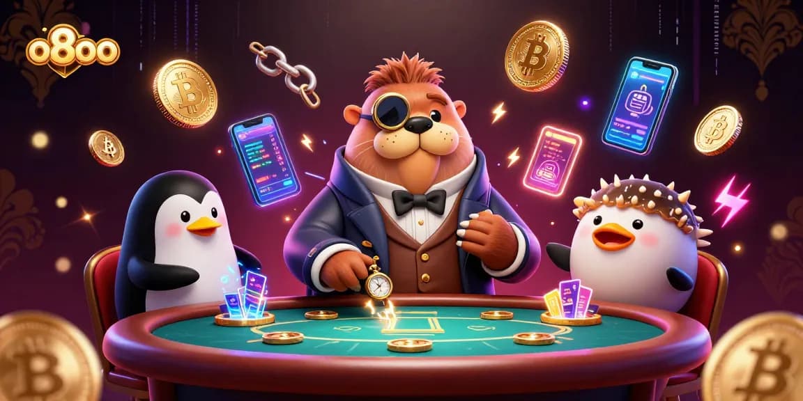Engage in thrilling gameplay at o8oo with animated walrus dealer and bluffing pufferfish player.