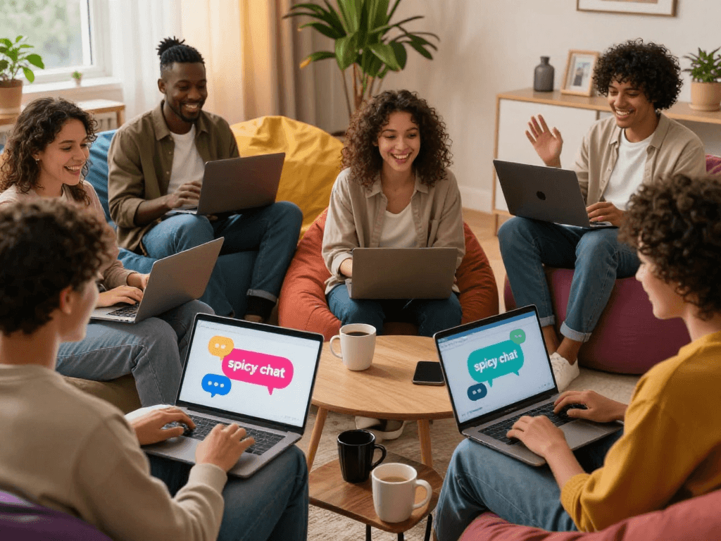 Engaging spicy chat session in a cozy home setting showcasing diverse people connecting online.
