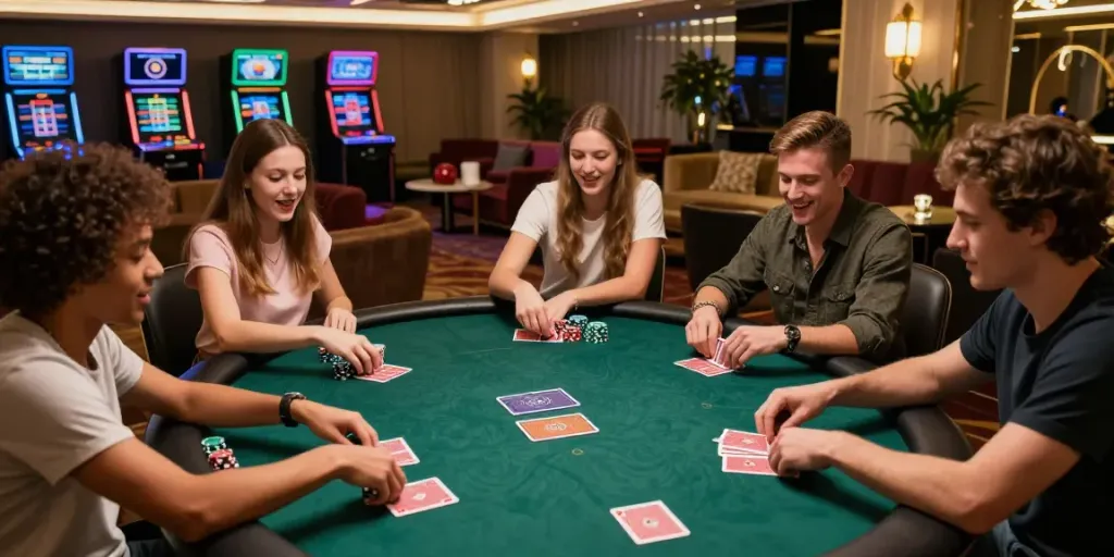 Engaging gaming scene at http://11bet-app.net/ with friends at a poker table in a stylish lounge.