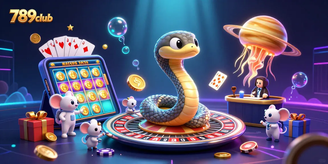 Gamblers explore the 789club universe with astronaut mice and a cosmic dealer in an engaging casino-themed scene.