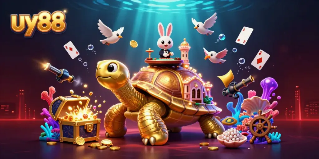 Experience thrilling gaming adventures at uy88 with a golden tortoise casino, rabbit dealer, and treasure elements.