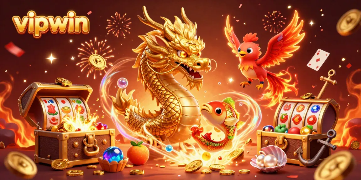 Experience thrilling wins at vipwin with a golden dragon, phoenix, and koi fish in dynamic casino art.