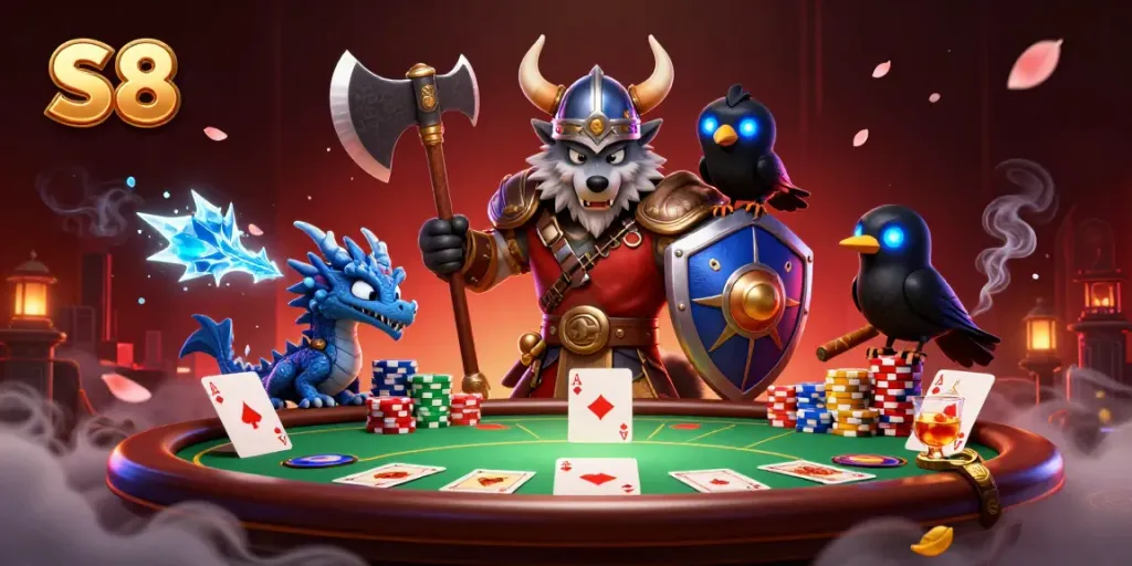 Experience S8's thrilling poker action with a Viking wolf warrior, dragon, and raven amidst vibrant casino elements.