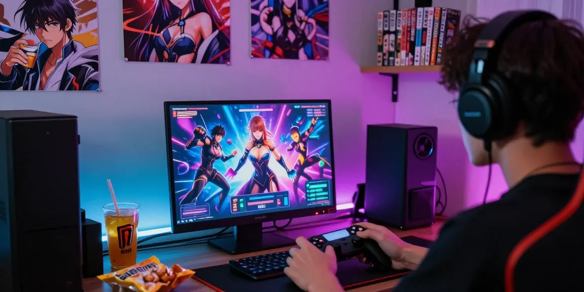 Engaging gameplay scene highlighting mind control hentai gaming on a glowing laptop.