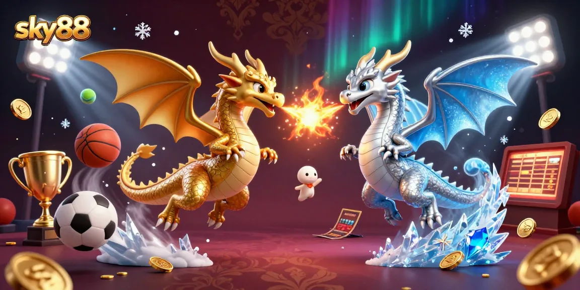 Experience the thrilling energy of sky88 with dual dragons battling in a captivating casino scene.