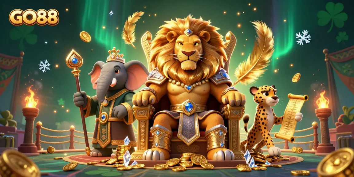 Engage with GO88's unique casino experience featuring a lion king, elephant advisor, and cheetah messenger.