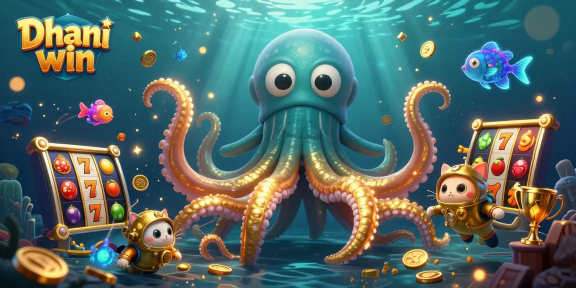 Play exciting games on Dhani win with a kraken, diving cat, and vibrant gambling elements