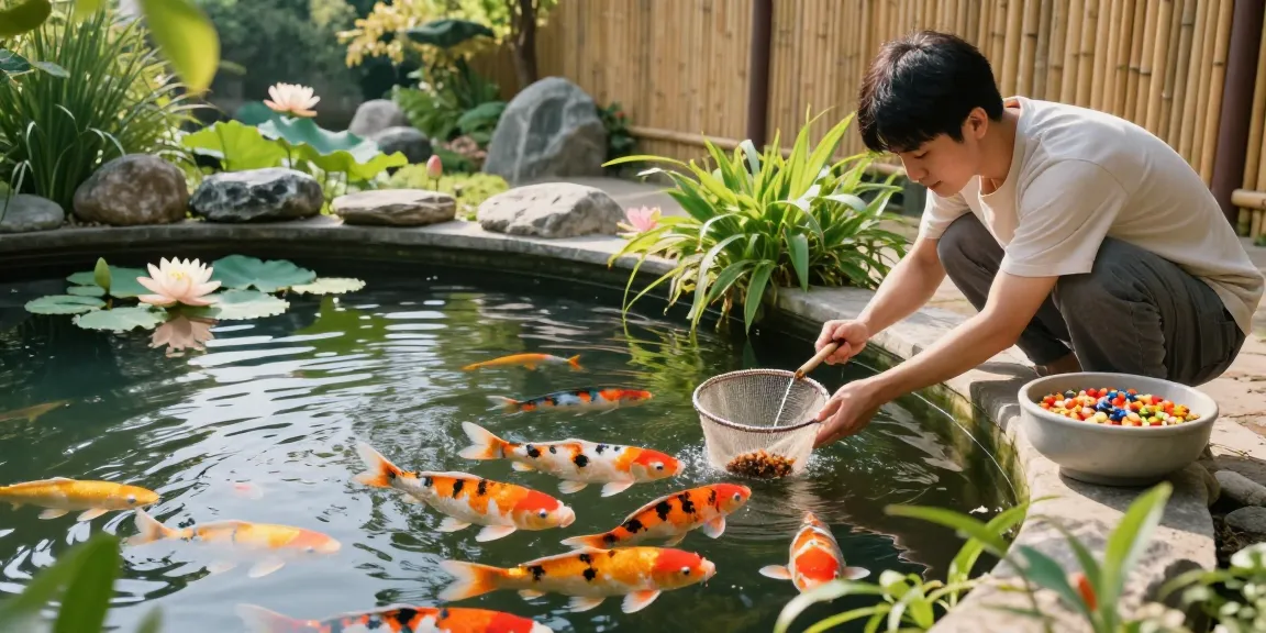 Koi Aminos promoting health and care with aquarist tending vibrant koi in serene pond
