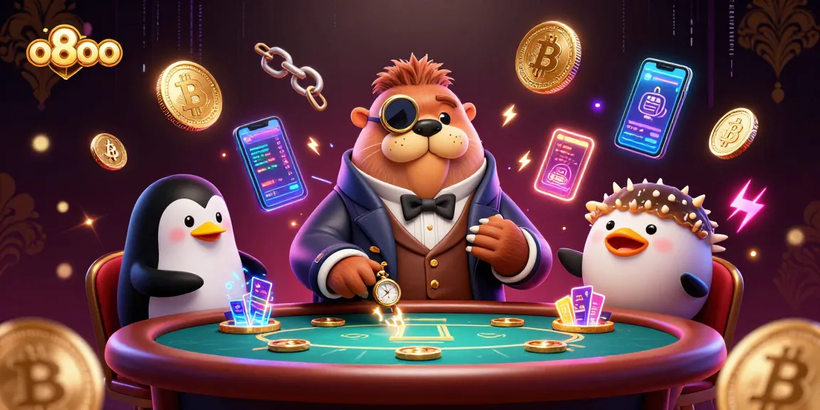 Engage in thrilling gameplay at o8oo with animated walrus dealer and bluffing pufferfish player.