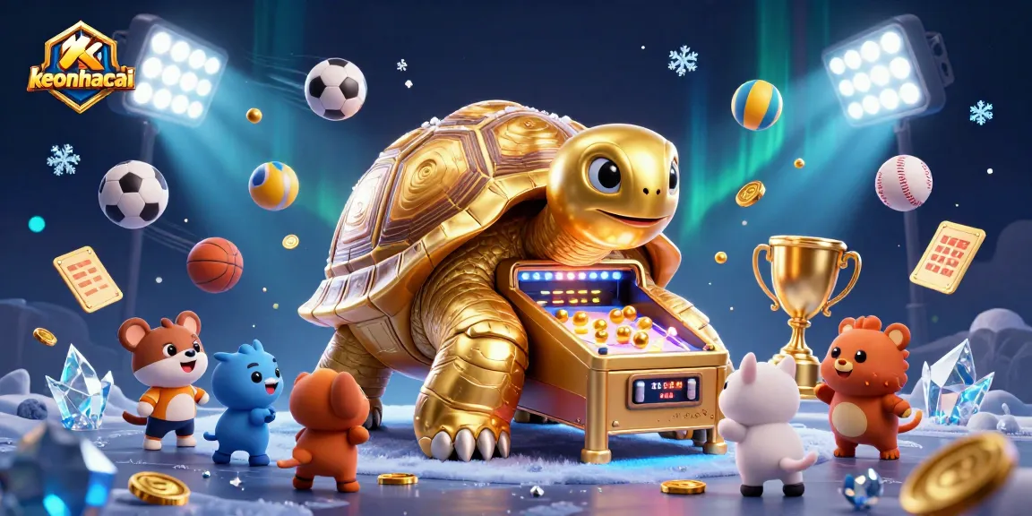 Experience thrilling sports betting action with keonhacai featuring a vibrant 3D scene of a golden tortoise pinball machine.