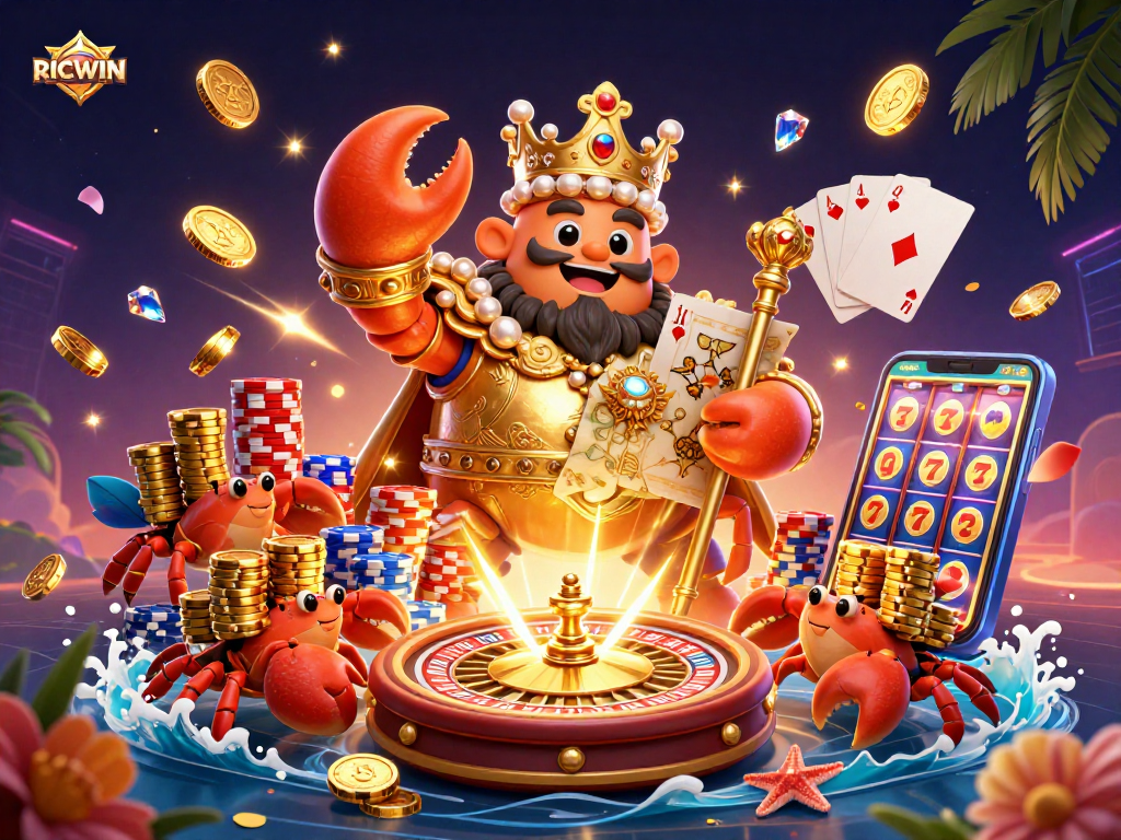 Spin the reels with RICWIN's treasure as the crab emperor leads a dazzling casino scene.