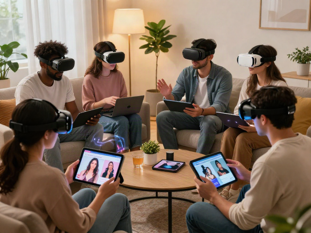 Group exploring innovative sex AI technology in an inviting modern setting