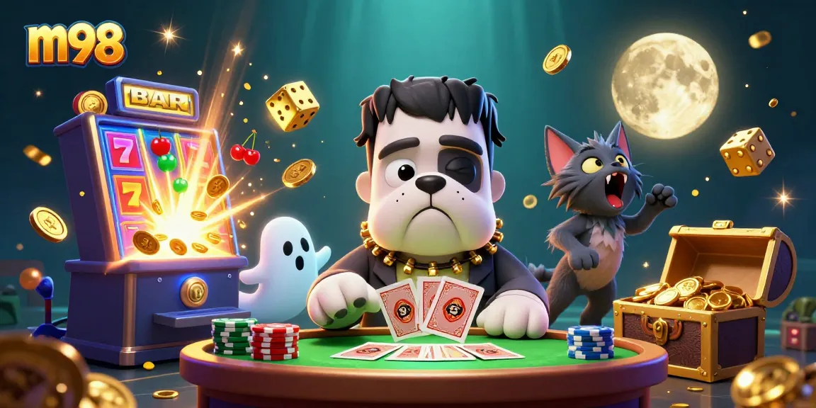 Engage with m98's thrilling slots as the cartoon bulldog deals cards at an exciting casino.