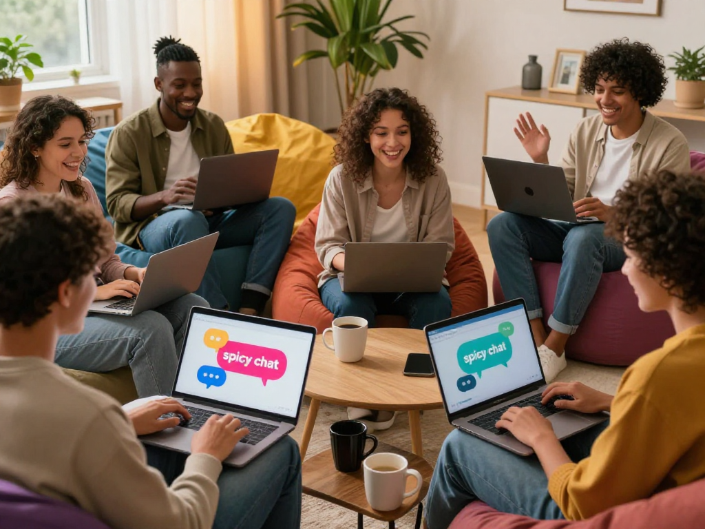 Engaging spicy chat session in a cozy home setting showcasing diverse people connecting online.