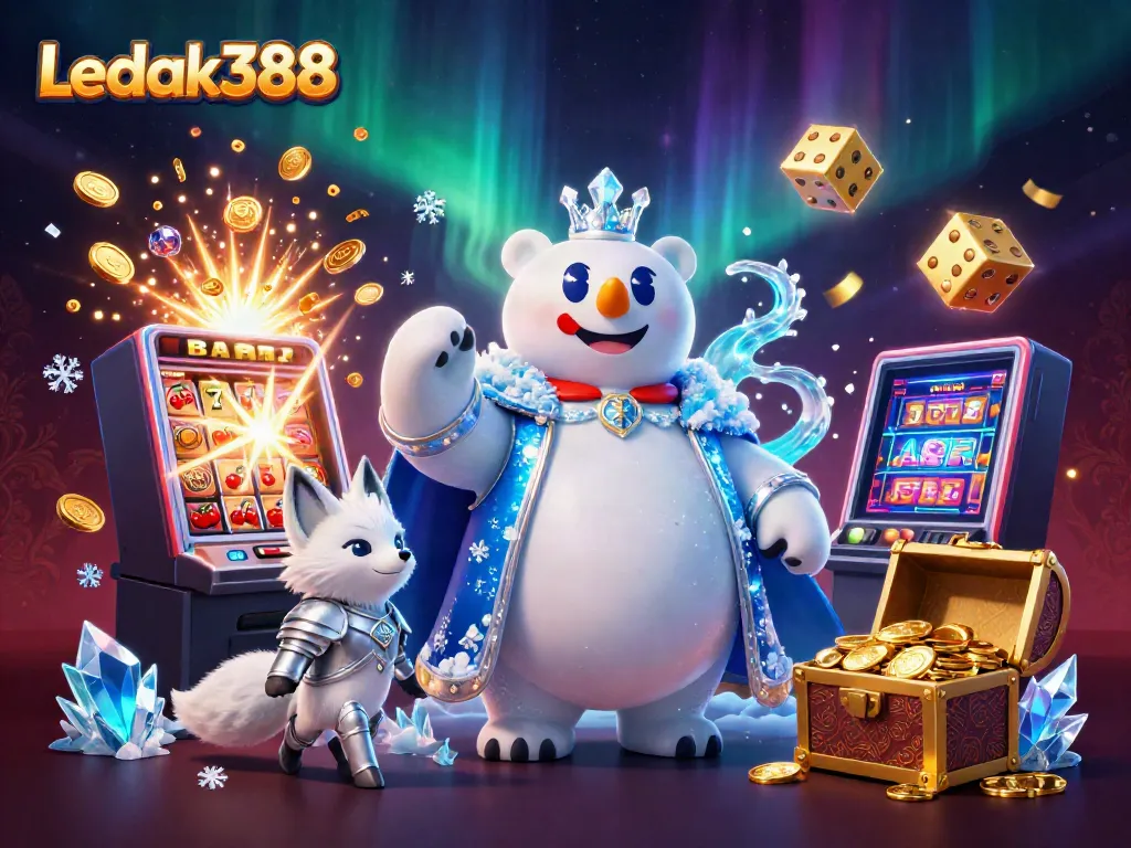 Experience thrilling wins at Ledak388 with a stunning 3D cartoon illustration of casino excitement.
