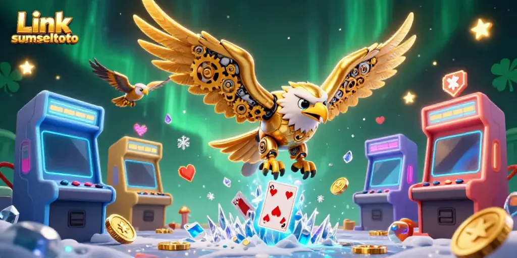 Experience thrilling gameplay at Link sumseltoto with a cybernetic eagle amidst holographic cards and glowing arcade machines.