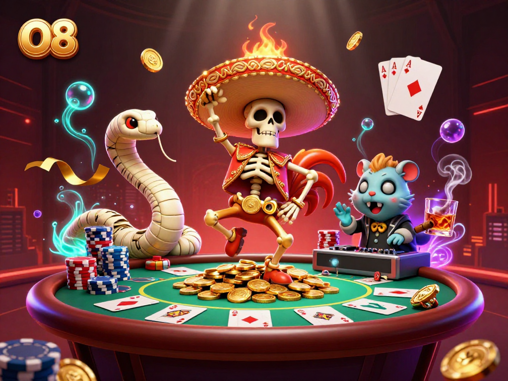 O8's vibrant gaming scene featuring dynamic characters surrounded by rich poker elements and golden coins.