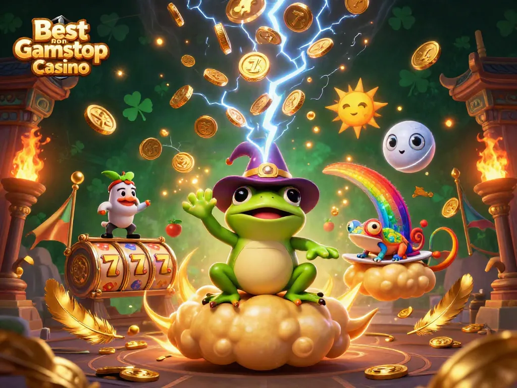 Engage with the best non Gamstop Casino illustrated scene featuring whimsical characters and golden gaming elements.
