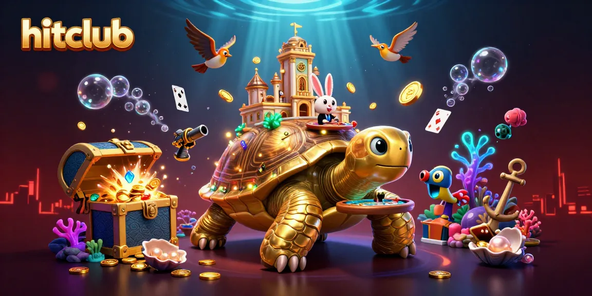 Experience hitclub with a dynamic 3D casino scene featuring a golden tortoise, rabbit dealer, and flying coins.
