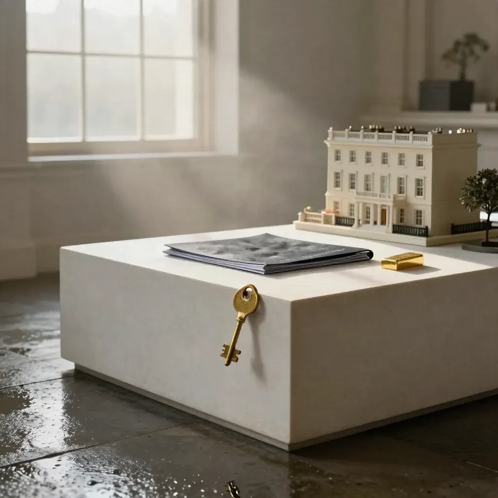 Rain-lit wealth planning still life with limestone plinth, brass key, report folio and terrace house model.