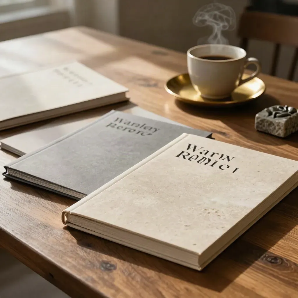 Four closed review folios, brass tray, coffee cup and stone paperweight on an oak table.