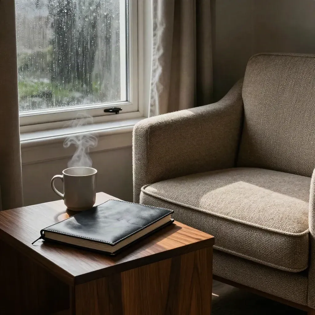 Rainy sitting room with armchair, pension folio, steaming mug and walnut side table.