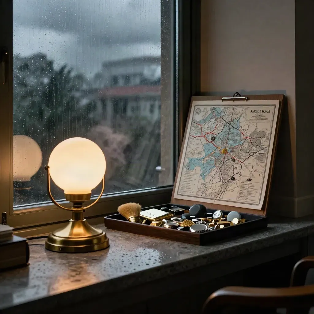Rain-dark office window corner with storm lamp, map board and mixed hard assets on a wet ledge