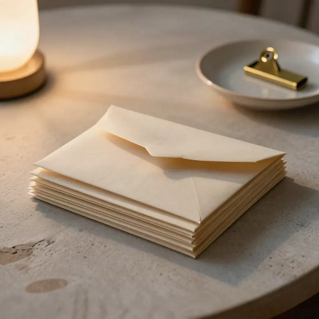 Closed envelopes, brass clip, and ceramic dish on a cleared breakfast table in evening light.