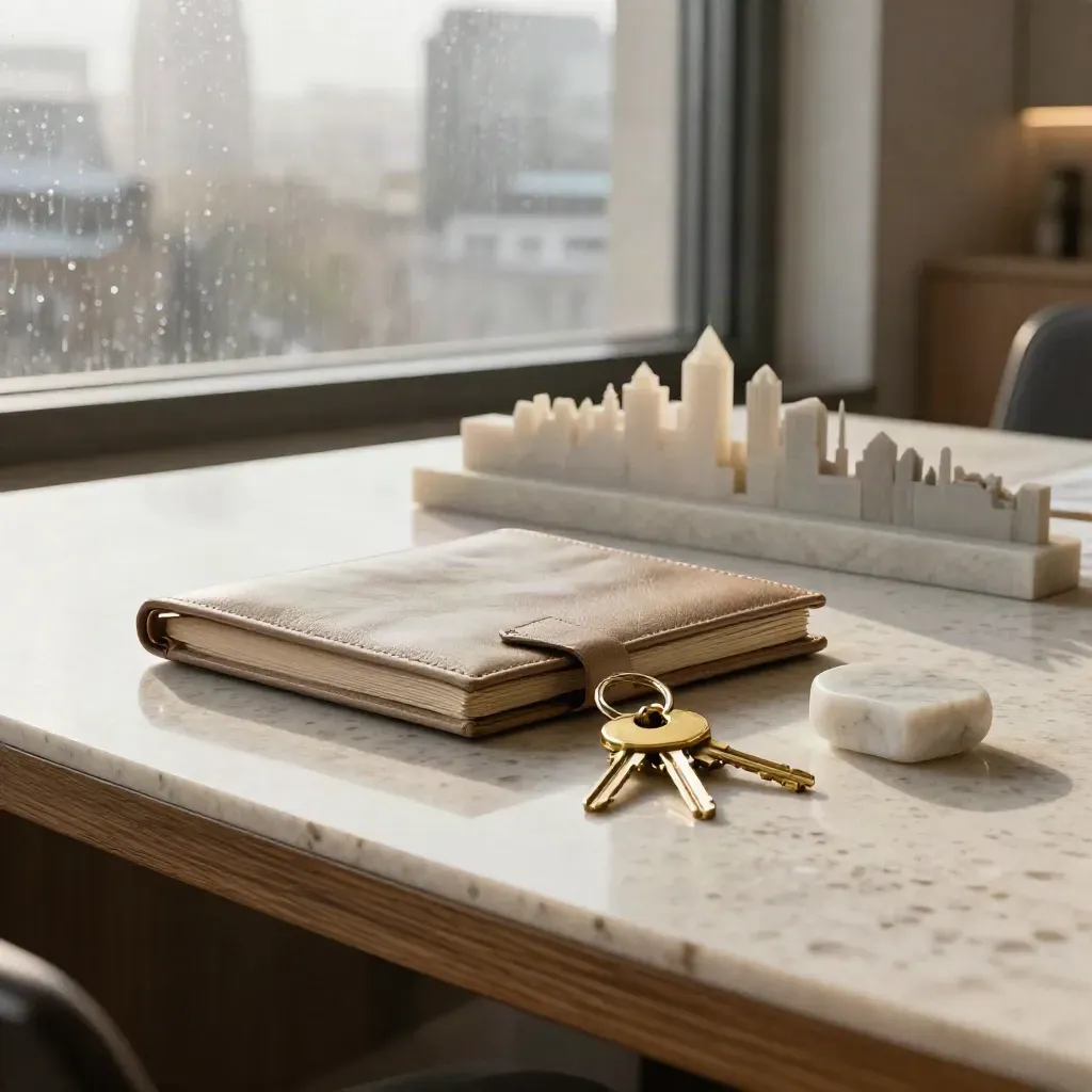 Rainy London boardroom table with folio, keys, stone weight, and skyline model