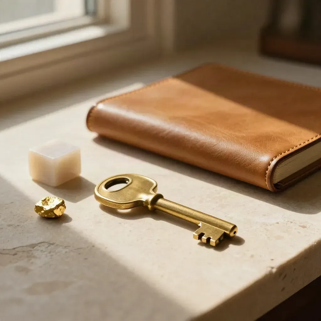Brass key, gold sample, stone cube and leather folio on a sunlit stone table.