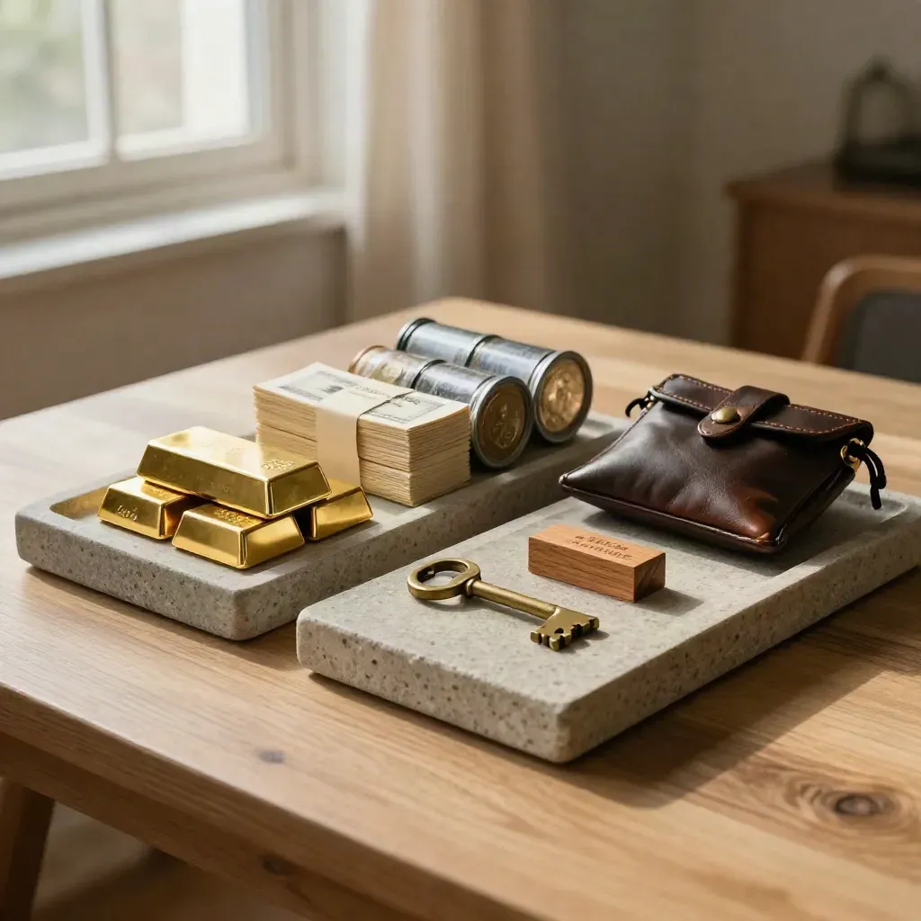 Two trays of reserves and growth assets with gold bar and brass key in late window light