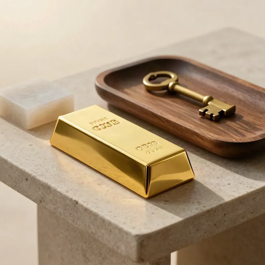 Gold bar, stone sample, brass key and walnut tray in warm sunlight