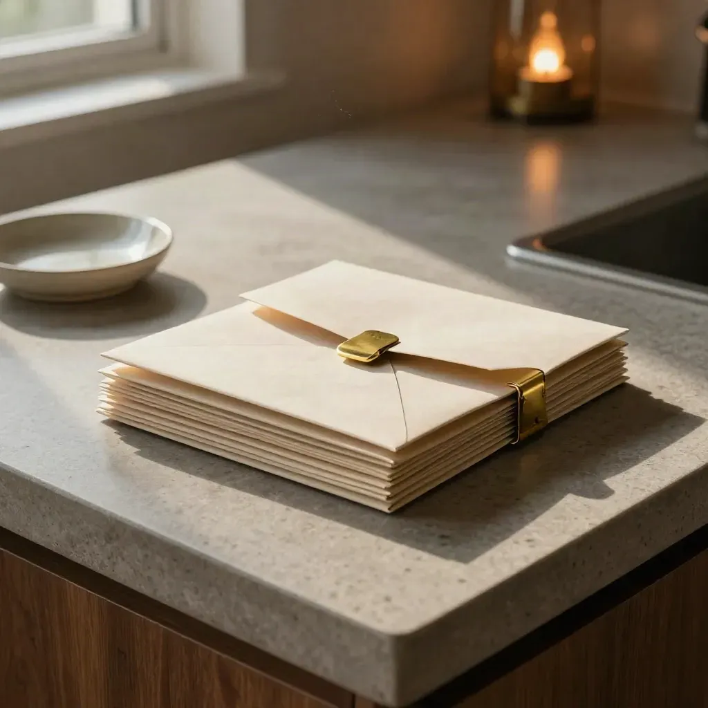 Overhead view of sealed envelopes, brass clips, a stone dish and turned notebook on a stone island.