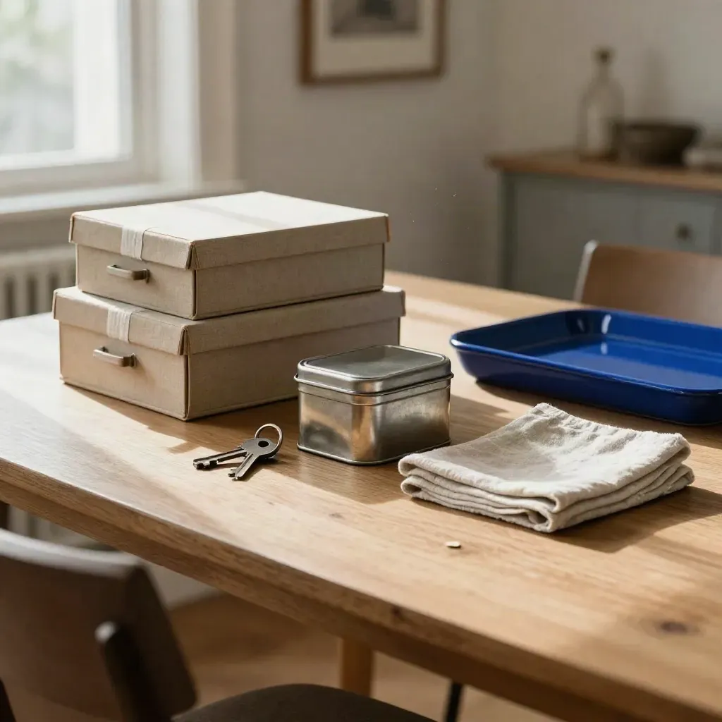 Archive boxes, key, savings tin and linen cloth on a dining table in soft morning light.