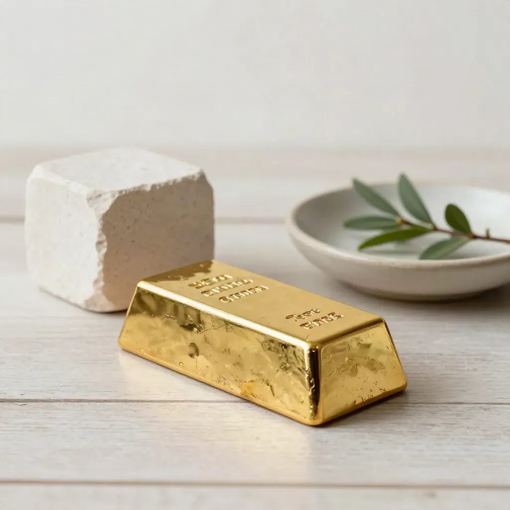 Gold bullion bar, stone cube and sprig in a ceramic dish on pale wood, lit from upper left.