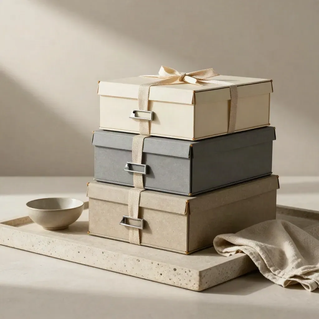 Stacked archival file boxes on a stone tray with linen ribbon, bowl and folded cloth.