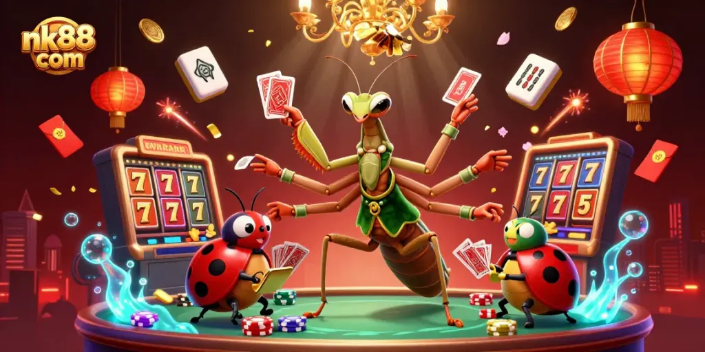 Experience thrilling action at nk88 com with vibrant slots and animated characters in this casino illustration.