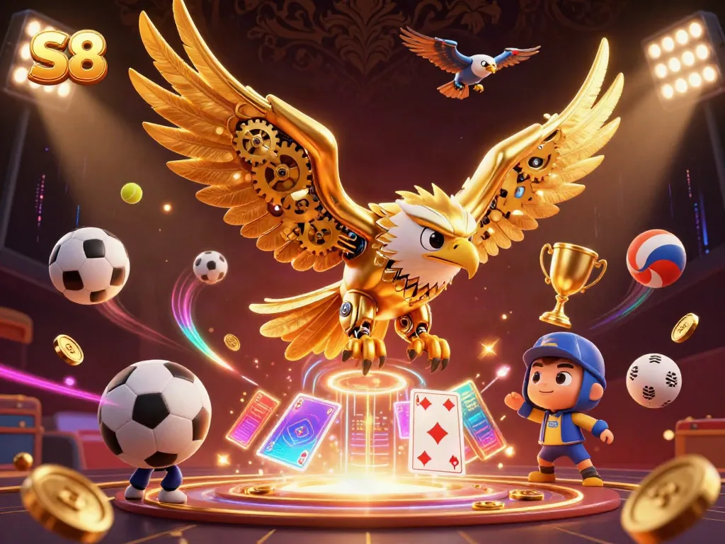 Experience thrilling gameplay with the S8 eagle diving through holographic cards and sports elements.