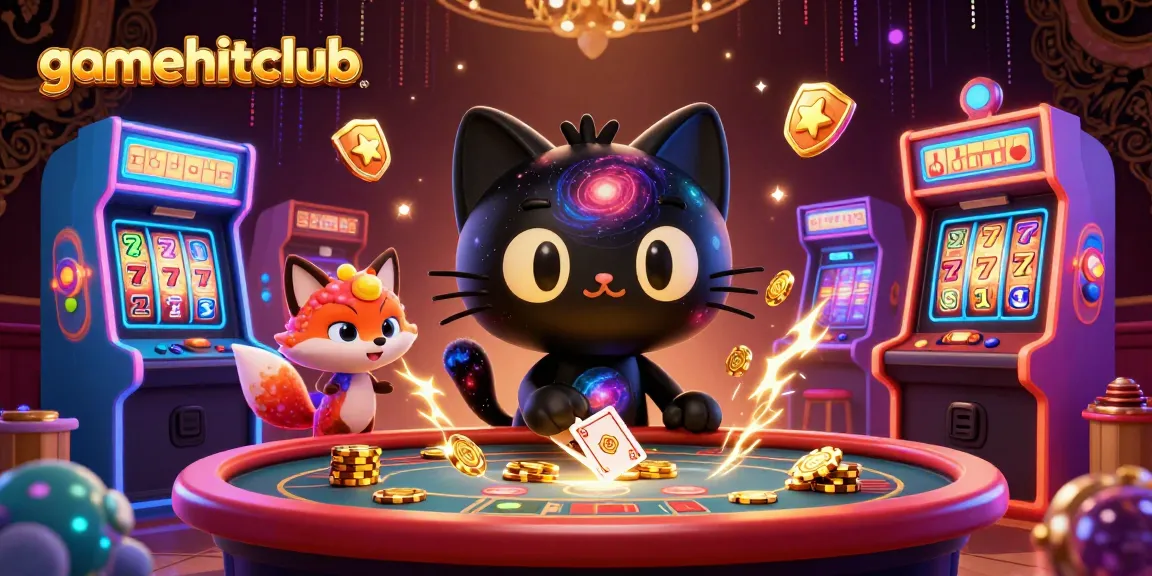 Engage with the gamehitclub cosmic casino scene featuring a black hole cat and vibrant gaming elements.