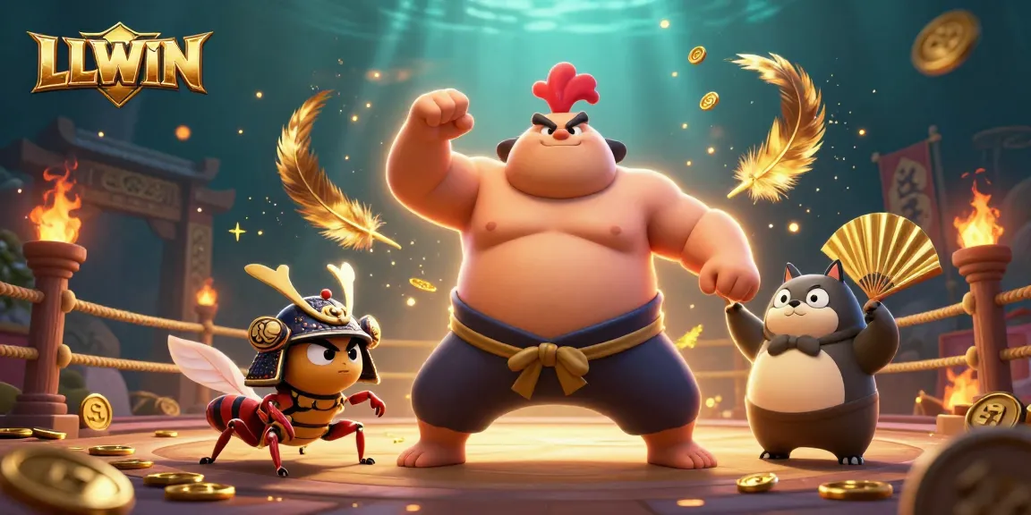 LLWIN showcases a sumo wrestler rooster and samurai cricket in an exciting casino scene.