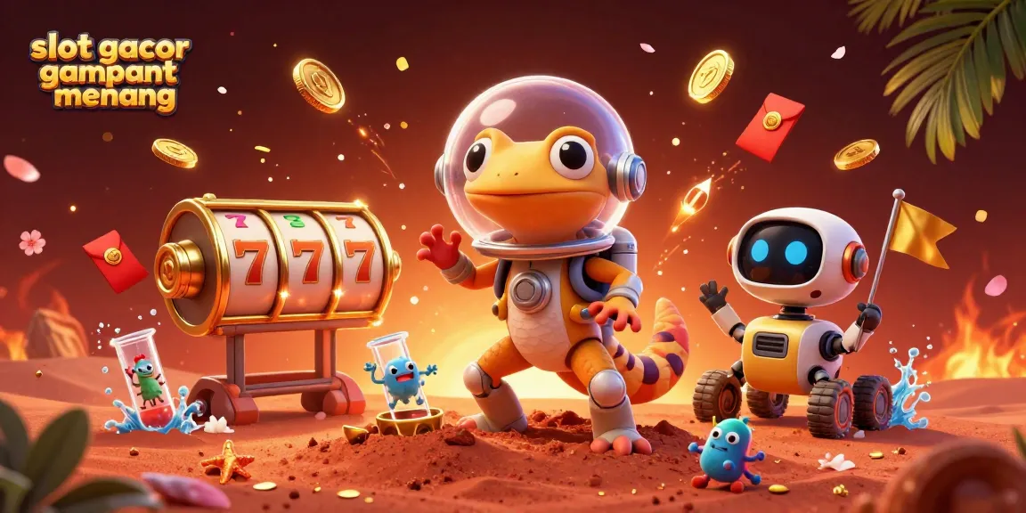 Experience gaming excitement with a vibrant scene of slot gacor gampang menang, featuring a Martian gecko amidst cheerful elements.