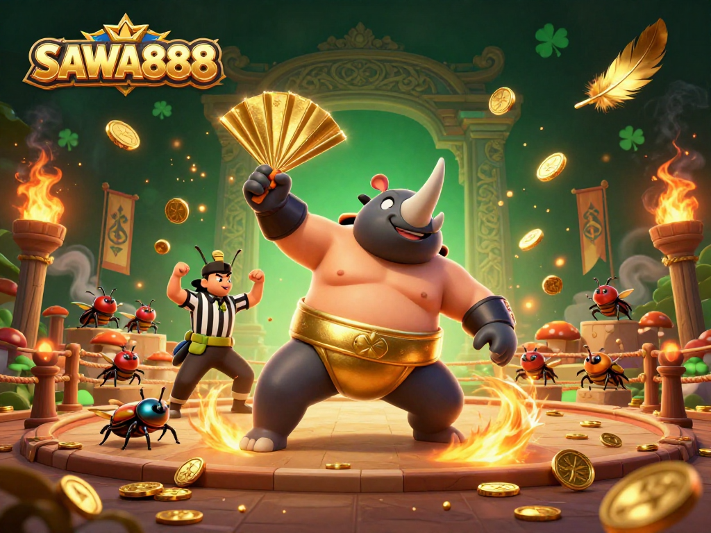 Win big on SAWA888 with a powerful beetle champion stomping coins amid vibrant casino elements.