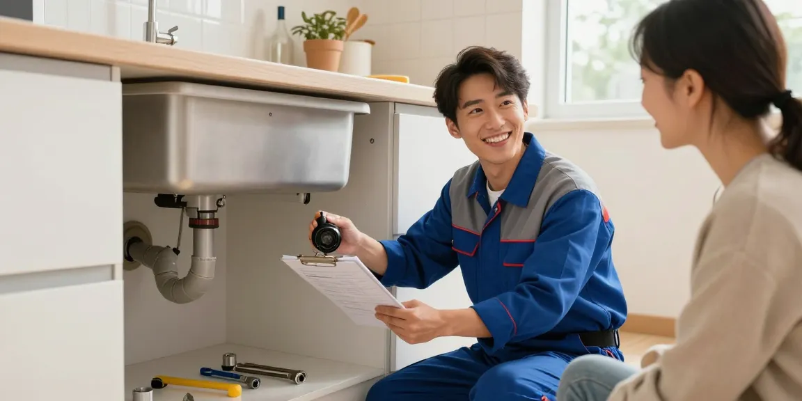 Plumber Stevens Point WI showing professional service under kitchen sink with tools and homeowner.