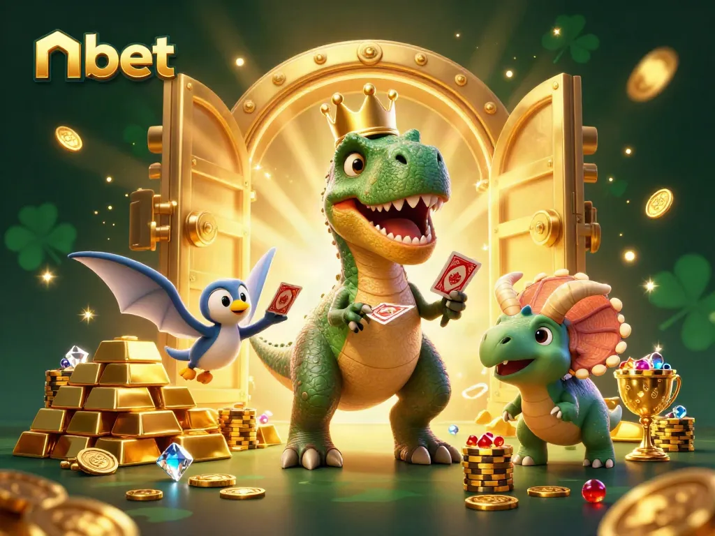 Experience thrilling wins with nbet in a vibrant 3D illustration featuring playful dinosaurs in a luxurious casino setting.