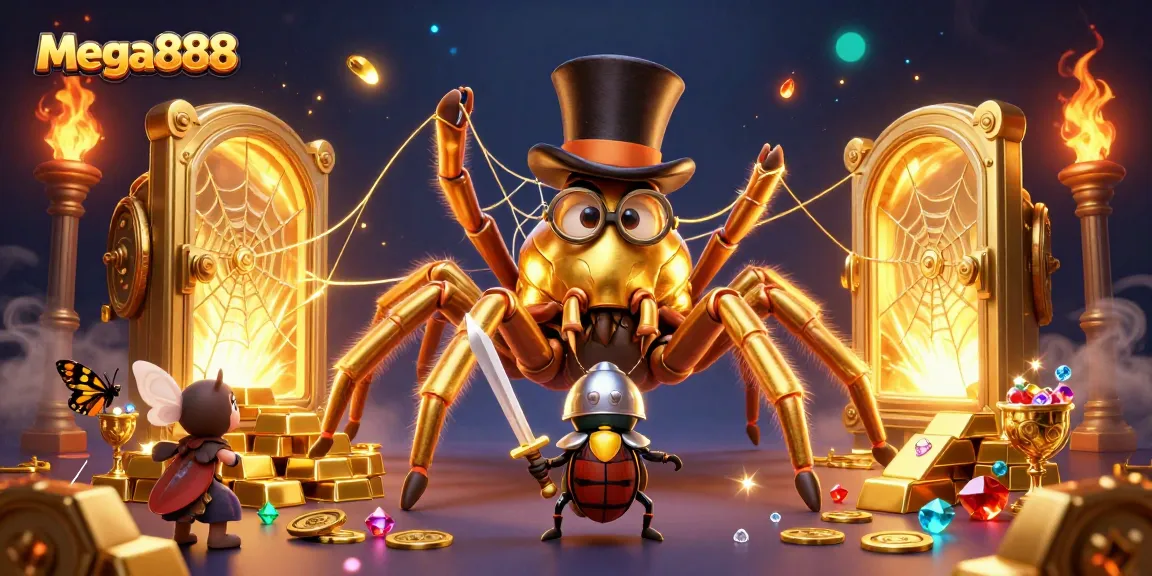 Experience the excitement of mega888 as vibrant characters weave a golden web of fortune in a dynamic casino scene.