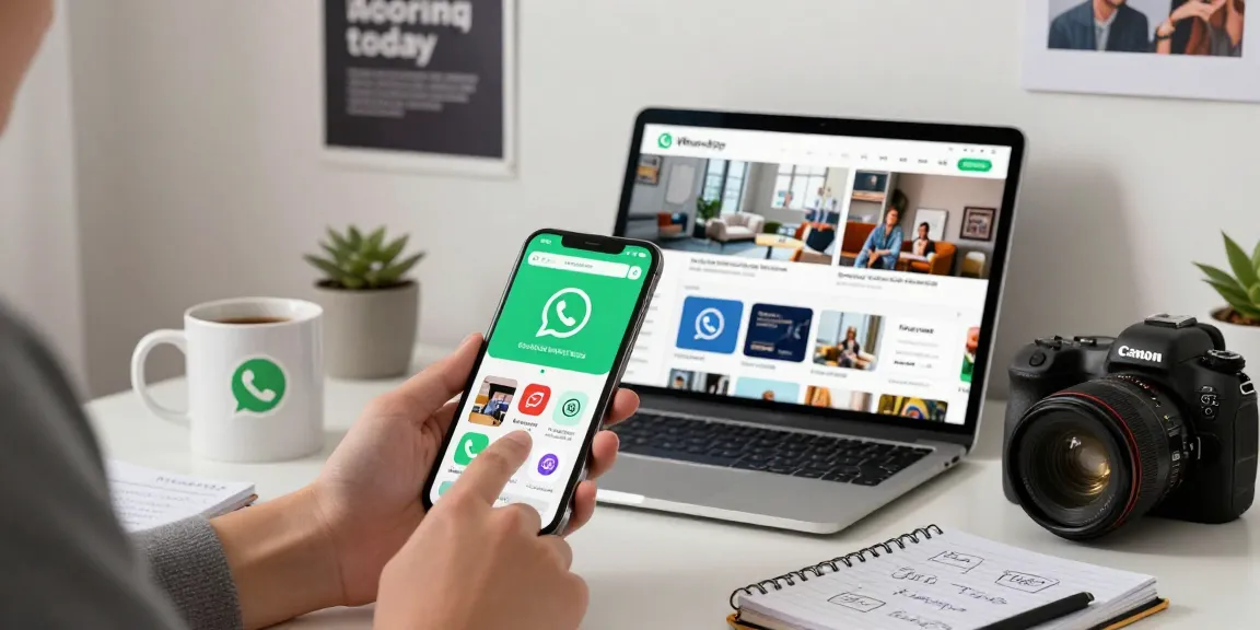 WhatsApp下載 process on smartphone with urban workspace and motivational decor.