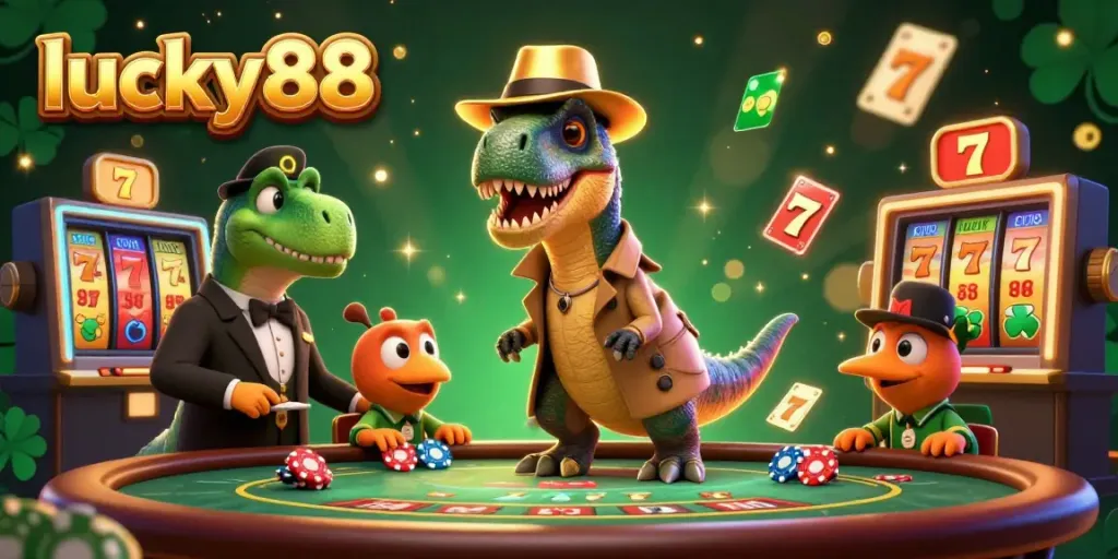 Witness the lively scene as lucky88's velociraptor card counter blends in at a blackjack table amidst vibrant casino elements.